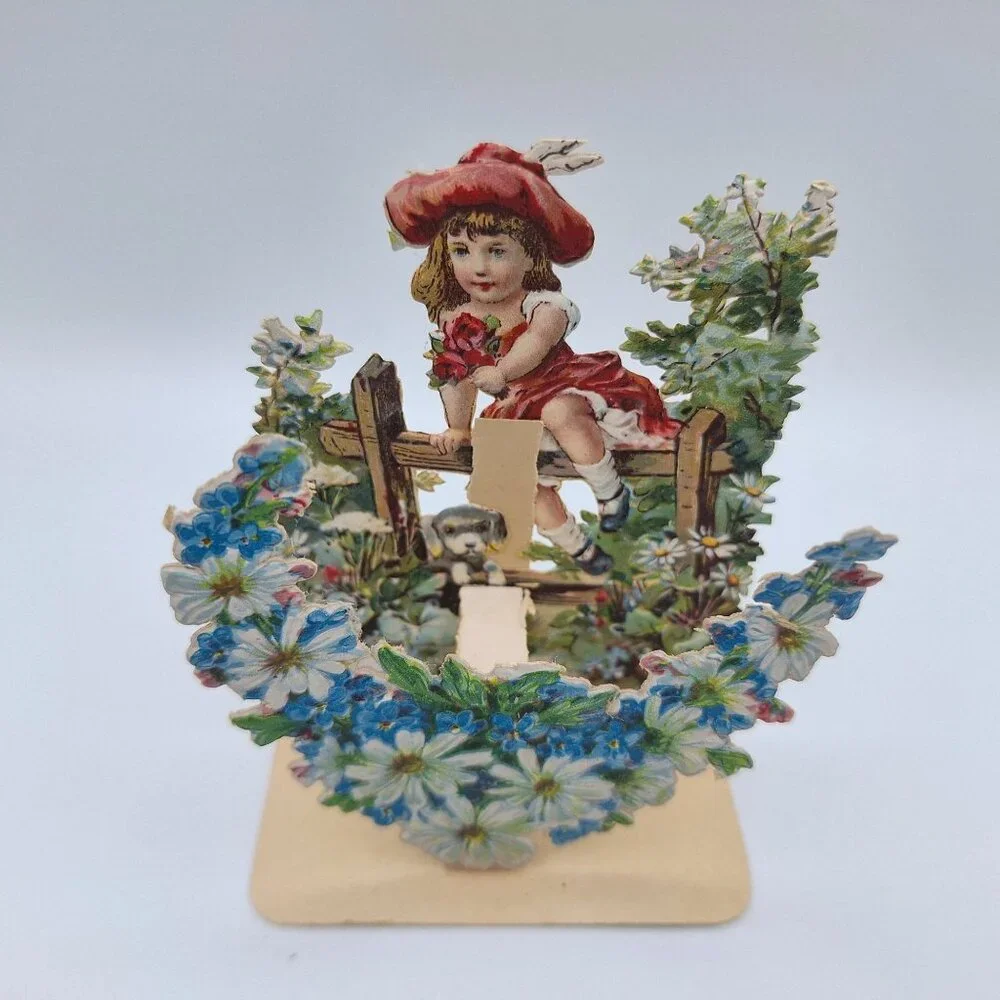 Vintage Pop‎ Up Valentines Day Card Girl Flowers Puppy Decor Folding Standing